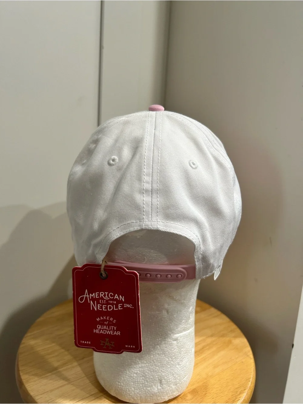 American Needle White Trucker Hat with Pink Bill and Red Embroidery